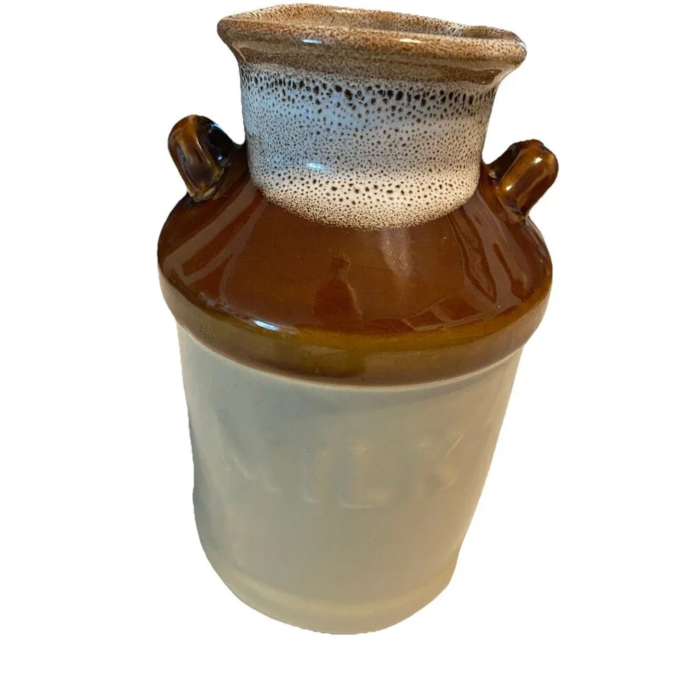 Vintage Ceramic Brown Tan Two-Tone Glazed Milk Jug Rustic Country Farmhouse
